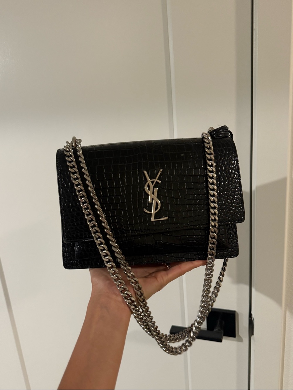 Saint Laurent Black Croc-Embossed Crossbody with Silver Chain